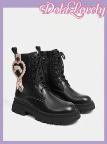 Dola Lovely 女士时尚优雅休闲圆头黑色系带侧拉链性感心形蝴蝶结经典英伦风厚底踝靴 - 黑色 - 查看 6