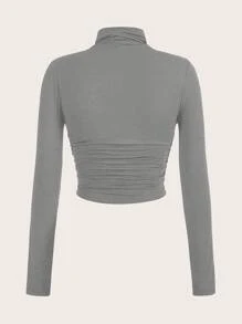 SHEIN EZwear Trang phục mùa xuân Áo thun cổ cao nhún bèo - Màu xám đen - Xem 2