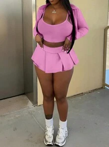 SHEIN 3 件套女士性感休闲装 - 长袖开衫、细肩带背心和百褶迷你裙，春夏 - 粉色 - 查看 1