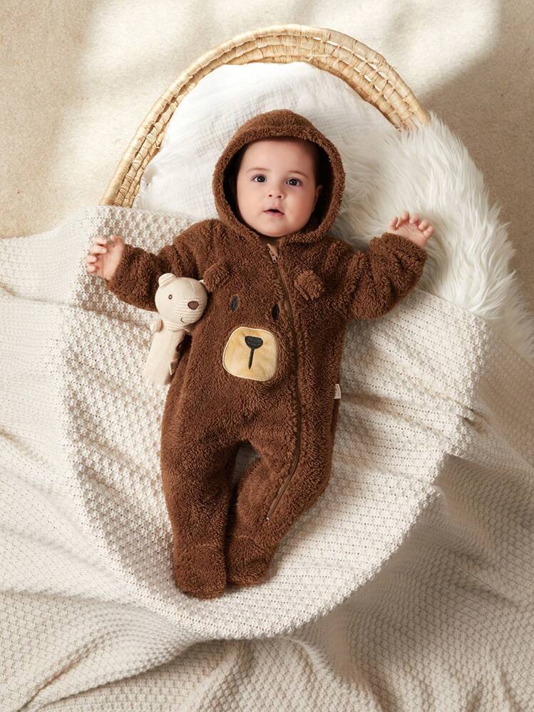 Cozy Pixies Mono con capucha de forro polar grueso con orejitas de oso de dibujos animados para bebé recién nacido niño - Marrón - Añade 3