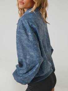 SHEIN EZwear Camiseta casual sencilla con cuello alto, cremallera delantera, manga larga y bolsillo - Azul lavado oscuro - Ver 2