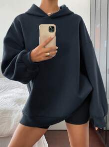 DAZY 连帽休闲保暖宽松纯色卫衣，女款连帽卫衣，秋冬季保暖款 - 藏蓝色 - 查看 3