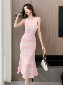 Ladies' Ribbed Color Blocked Slim Fit Vest, Elegant Round Neck Sleeveless Spring/Summer Dress Suitable For Spring/Summer/Autumn - Baby Pink - View 1