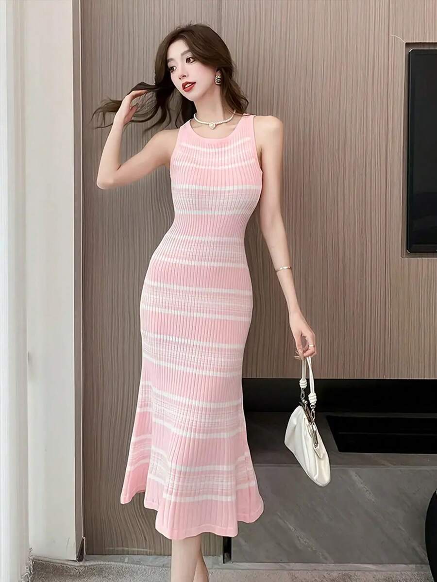 Ladies' Ribbed Color Blocked Slim Fit Vest, Elegant Round Neck Sleeveless Spring/Summer Dress Suitable For Spring/Summer/Autumn - Baby Pink - View 1