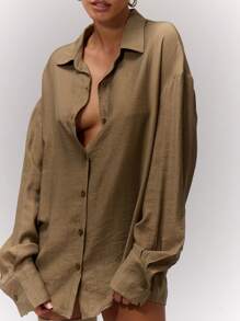 MUSERA Oversized Collared Button Up Blouse Vacation Spring Summer Holiday - Olive Green - View 5