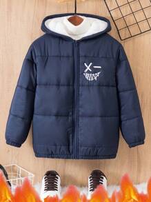 SHEIN Abrigo acolchado con capucha de manga larga con cremallera, abrigo de invierno acolchado para niños preadolescentes con estampado de moda casual, forro térmico compuesto