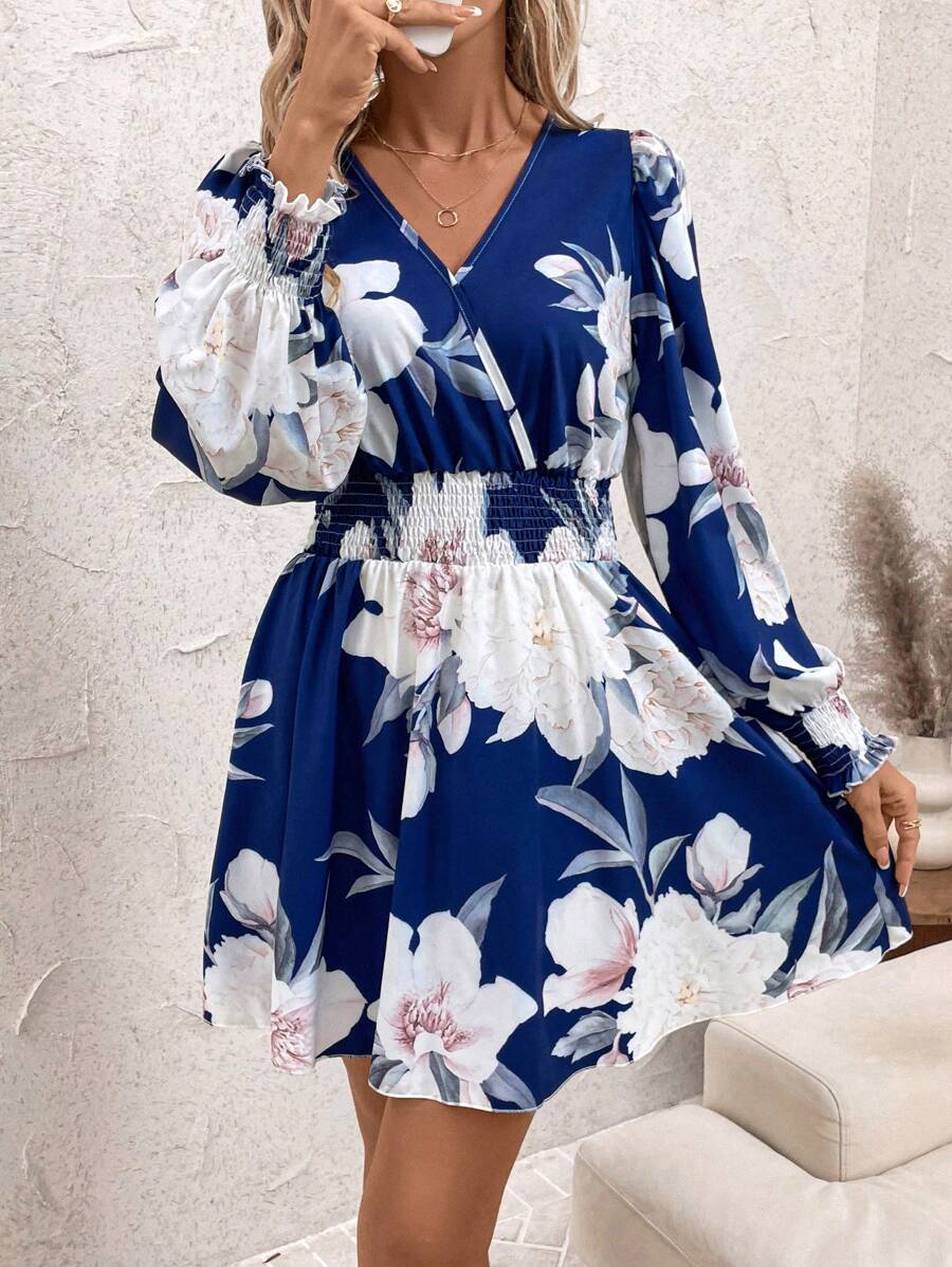 SHEIN Clasi 女士花卉印花长袖短裙 - 藏蓝色 - 查看 1