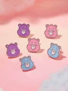 SHEIN X Care Bears 3 Pairs Cute Cartoon Bear Design Stud Earrings, Suitable For Daily Wear