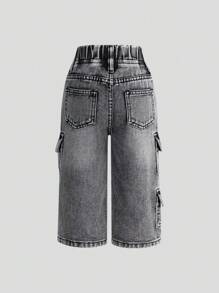 SHEIN Playful Pals 女婴时尚休闲洗水牛仔直筒短裤 - 深灰色 - 查看 2