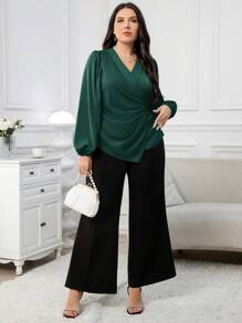 Modelyn Plus Size Women Spring Summer Solid V-Neck Lantern Sleeve Asymmetric Ruched Elegant Office Shirt - Dark Green - View 6