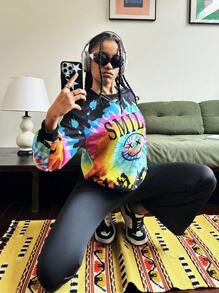 SHEIN 2 peças adolescentes meninas casual tie-dye streetwear simples EUA gráfico moletom e calças de bicicleta conjunto