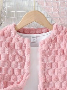 Conjunto de 3 piezas para niñas preadolescentes: Chaqueta reversible esponjosa y texturizada, Top de unicolor, Pantalones campana para uso casual y de oficina - Rosa - Ver 6