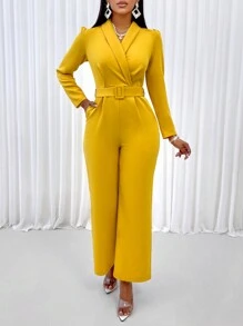 Zolique 纯色翻领斜口袋阔腿连体裤（带腰带） - 黃色 - 查看 4