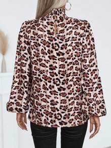 SHEIN Clasi Blouse plissée à manches lanternes, col volantée à imprimé léopard pour femmes, printemps/été - Multicolore - Voir 2