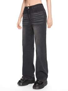 ROMWE Grunge Punk Quần Jeans Ống Thẳng Thêu Lửa Phong Cách Punk Cho Nữ - Xám - Xem 3