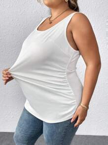 SHEIN CURVE+ Curve Casual Basic Deep U-Neck Narrow Ribbed Women's Plus Size Regular Tank Top, White, Sleeveless With Ribbed Texture, Folded And Ruched Detail On The Side,Fall Outfits - White - View 4
