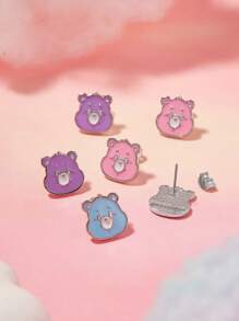 SHEIN X Care Bears 3 Pairs Cute Cartoon Bear Design Stud Earrings, Suitable For Daily Wear