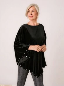 Miaspire Women's Oversized Crew Neck Batwing Sleeve Faux Pearl Decor Casual Blouse, Spring And Summer