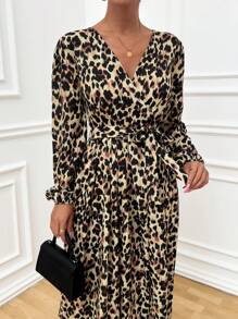 EURMUSE WHITE POLKADOT PRINT LANTERN SLEEVE BELTED LONG DRESS - Green - View 6