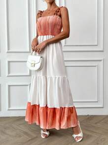 RueChic Women's Contrast Color Ruffled Hem Maxi Casual Dress For Beach