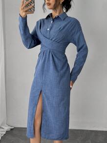 Chiquease Cross-Wrap Split Hem Casual Dress, Spring Autumn - Blue - View 6