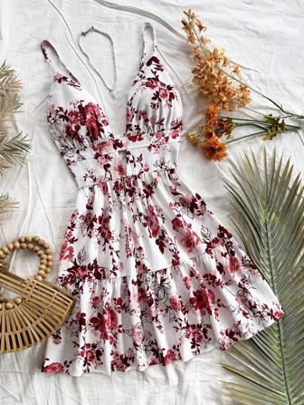 Soleia Vacation Spaghetti Strap V-Neck Hollow-Out Backless Floral Print Dress,Summer Dresses For Women
