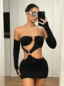 SHEIN ICON Vestido midi ajustado con un hombro asimétrico, recorte y acento de aro de metal