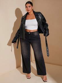 SHEIN BAE Plus Size Black Stone Faux Leather Pu Moto Jacket - Black - View 9