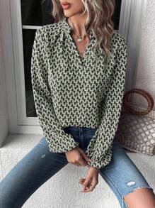 Calvaya Women's V-Neck Long Sleeve Casual Comfortable Allover Print Shirt, Random Print