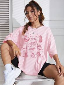 INAWLY 女式复古猫咪印花宽松落肩圆领休闲 T 恤，夏季图案 T 恤女式上衣