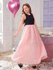 SHEIN Vestido de fiesta sin mangas de cintura alta con parches de encaje y decoración floral, adecuado para Halloween, Navidad, Pascua y otras festividades, para adolescentes - Multicolor - Ver 5