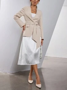 Aveloria Modichic Chaqueta tipo blazer de estilo francés para dama, sin cuello, de diseño elegante para la oficina, con cinturón tejido en la cintura