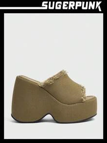 Sugerpunk 女士户外圆头厚底休闲蓝色牛仔布一脚蹬平底凉鞋秋季 - 綠色 - 查看 2