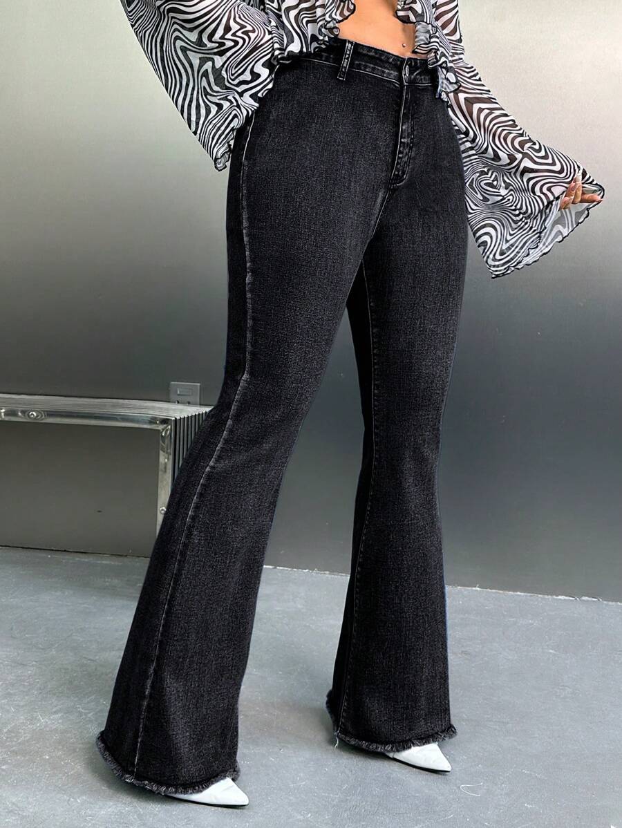 Dripcurv Celana Jeans Denim Kasual Model Lebar untuk Wanita Ukuran Plus, Pakaian Wanita Musim Gugur - Hitam - View 1