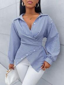 SOLERSUN Women's Striped Print Button Front Shirt,Asymmetrical Hem ,Batwing Sleeve,Wrap Blouse,Fall Outfits,Long Sleeve,Winter Clothing,Elegant,Daily Commuting,Going Our,Casual,Long Sleeve Tops