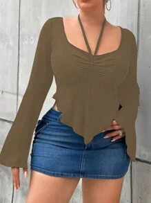 SHEIN MOOSTA Plus Size Solid Color Ruched Neck Long Sleeve Casual Lace Trim T-Shirt