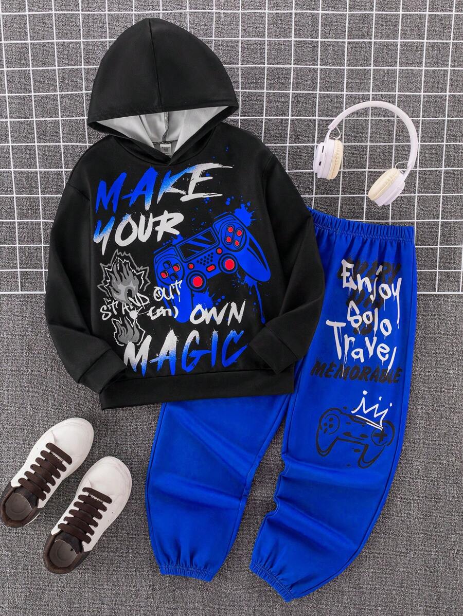 SHEIN Leap Crew 两件套青少年男童涂鸦字母印花卫衣和运动裤套装，秋冬季，黑色，红色 - 寶藍色 - 查看 1