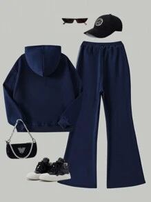 SHEIN Explorewe 2pcs/Set Teen Girls Casual Zip Up Hoodie Outfit