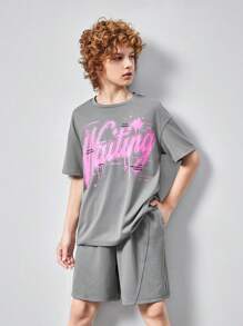 SHEIN Tween Boy Knitted Solid Color Letter Print Short Sleeve T-Shirt And Shorts Casual 2pcs/Set - Grey - View 6