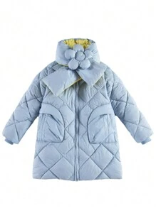 Girls' Warm Padded Long Puffer Jacket, Blue - Baby Blue - View 4