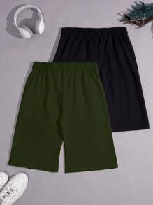 EURMUSE Cotton 2pcs Set Minimalist Embroidered Drawstring Casual Summer Shorts - Army Green - View 2