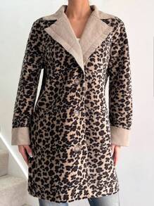 SHEIN Essnce Trajes Femininos Traje Leopardo Gola Redonda Manga Longa Colorblock Estampa Leopardo Elegante Casual Casacos Natal Leopardo Veludo Manga Comprida Outono E Inverno Casual Comprimento Médio Casaco Roupas Femininas de Inverno - Multicolorido - Ver 5