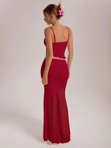 Aloruh 女士度假和婚礼季节蕾丝透视不对称下摆背心和低腰美人鱼荷叶边不对称下摆裙子两件套红色裙子套装两件套连衣裙 - 紅色 - 查看 2