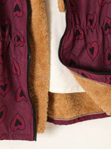Young Girls Digital Print Heart Pattern Thermal Lined Hoodie Jacket With Zipper Closure, Long Sleeve Mid-Length Casual Warm Outerwear, Winter - Burgundy - View 7