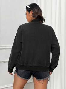 SHEIN EZwear Plus Size Solid Color Front Button Long Sleeve Simple Jacket, Casual Daily Wear - Black - View 7