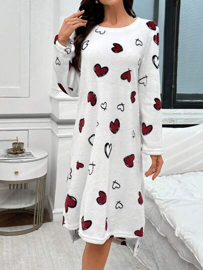 Flannel Heart Print Oversized Long Sleeve Sleep Dress, Fall Fluffy, Cozy view 6