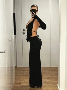 SHEIN ICON Women Black Clothes, Fall Two-Piece Set: Hooded Deep V Pointed Hem Backless Tie Sleeve Top & Low Waist High Slit Skirt