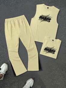 Manfinity EMRG Men's Casual Colorblock Letter Print Drawstring Waist Set - Khaki - View 2