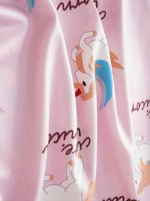 2pcs Young Girls Simple Pink Flying Horse Print Snug Fit Long Sleeve Top And Pants Homewear Set