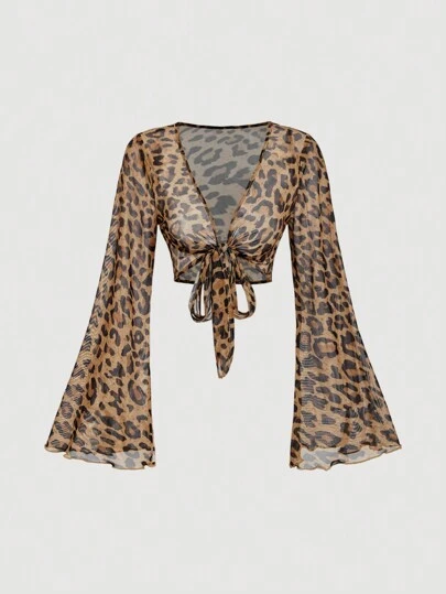 SHEIN MOD 女士豹纹前系带长袖短款上衣、演唱会女装、镂空服装、猫女服装、豹纹服装、豹纹上衣、秋季女装、长袖网眼上衣、魔鬼服装、嬉皮士服装、性感女式上衣